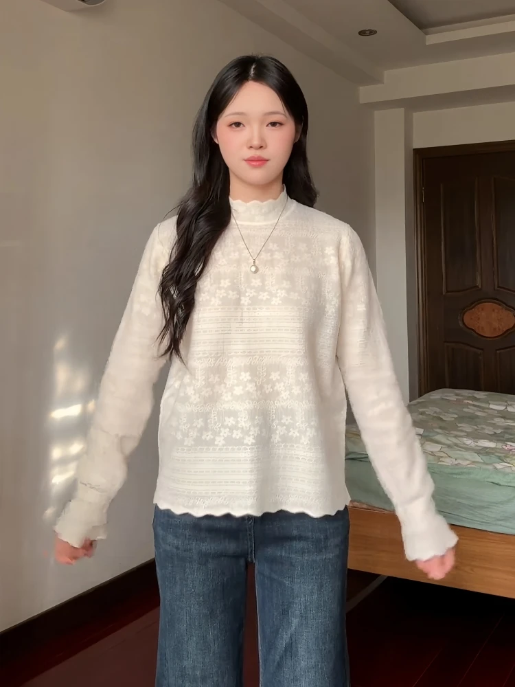 Large Size Lace Half High Neck Knitted Sweater Women's Autumn Elegant Trim Beige Base Layer Shirt Inner Wear Top