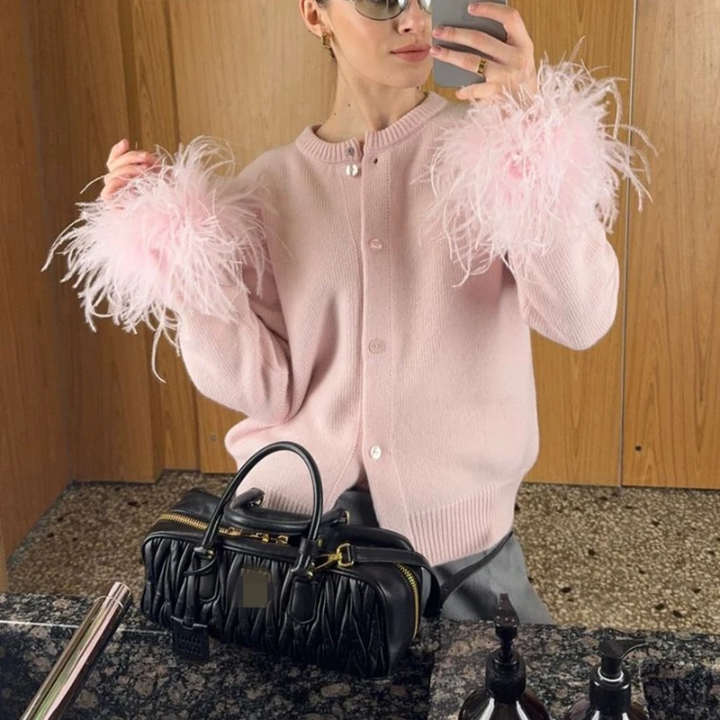 

Combhasaki Women Elegant Solid Ribbed Round Neck Sweater Coat Feather Cuff Patchwork Long Sleeve Button-up Knitwear Cardigan Top