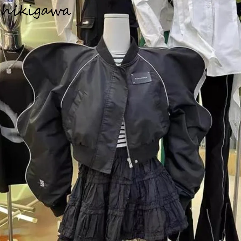 Chaquetas Harajuku con cuello redondo para Mujer, Tops Y2k con cremallera, moda urbana coreana, abrigos negros con cremallera, 2023