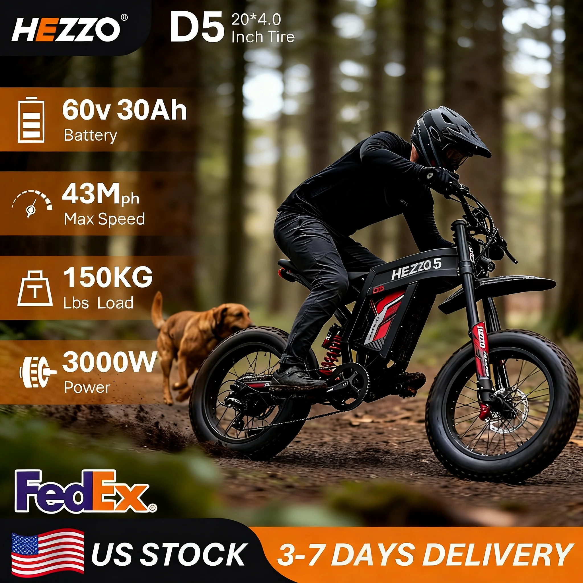 

HEZZO 3000 Вт, 60 В, 43 миль в час, мощный электрический велосипед для бездорожья D5, 20*4,0, толстая шина для взрослых, электронный мотокросс, 75-93 миль, склад в США, гарантия 1 год