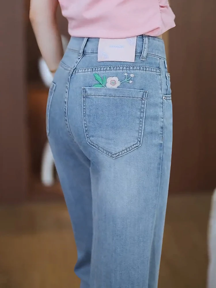 

Slim Fit High Waist Straight Leg Embroidered Jeans Women's Summer Thin New Small Size Wide Leg Pants Korean Style Cotton Blend
