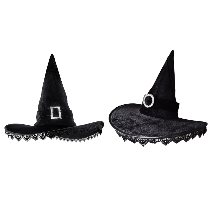 Plain Color Witch Hat Adult Teen Halloween Parties Witch Hat with Lace Trim Practical Adult Cosplay Hat for Photography