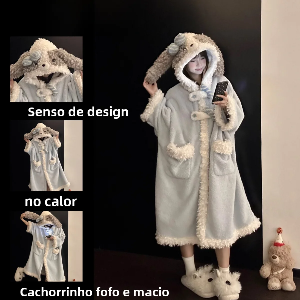 可愛い漫画風犬耳付きコーラルフリースレディースパジャマ、フード付き厚手冬用パジャマセット、暖かいプラッシュポリエステル、ユーススタイル