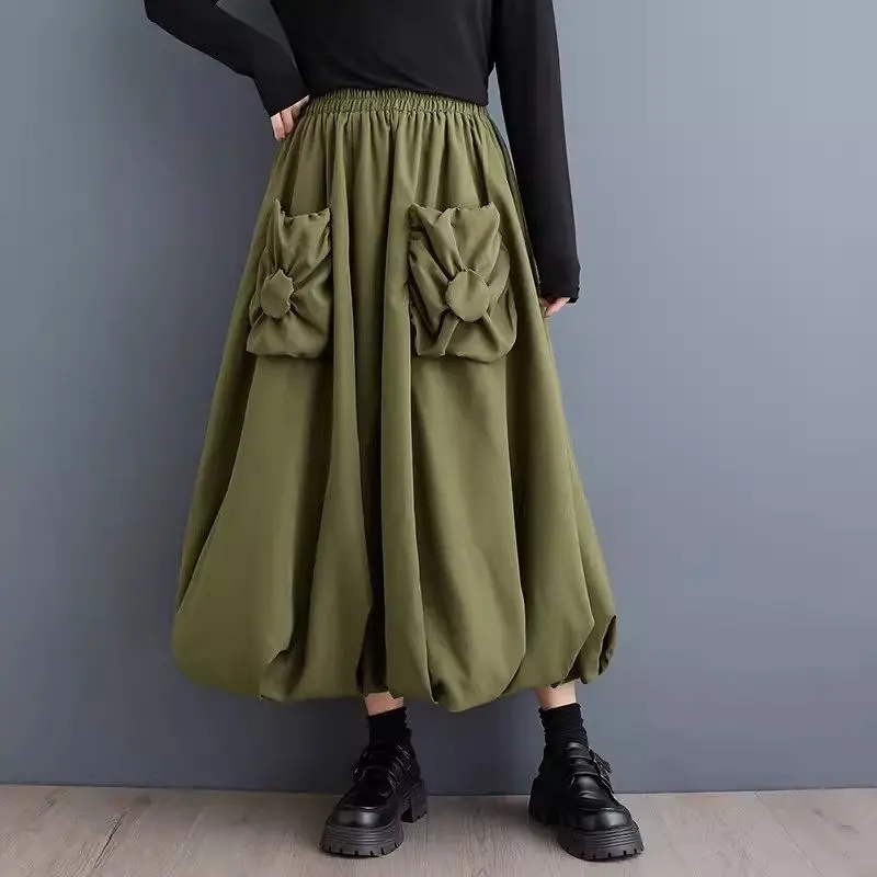 High Waist Fluffy Umbrella Skirt 2026 Spring Autumn Solid Color Pocket Double Layer Splicing Lantern Design K2358