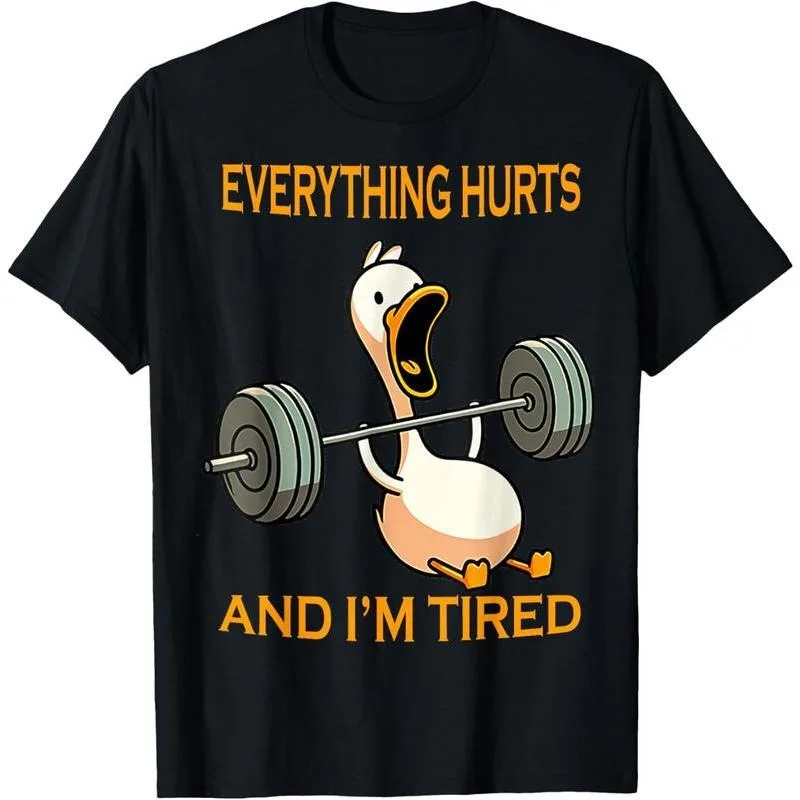 

Funny Gym Workout T-Shirt Cartoon Duck Everything Hurts And I’m Tired Print Loose Fit Graphic Tee for Women Men Fitness Lovers