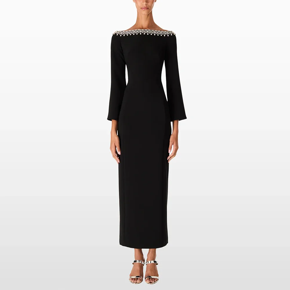 

Модные платья для выпускного вечера с кристаллами и открытыми плечами, рукавами 3/4, вечерние платья с вырезом лодочкой, прямой трикотаж, длиной до пола, вечерние платья по индивидуальному заказу