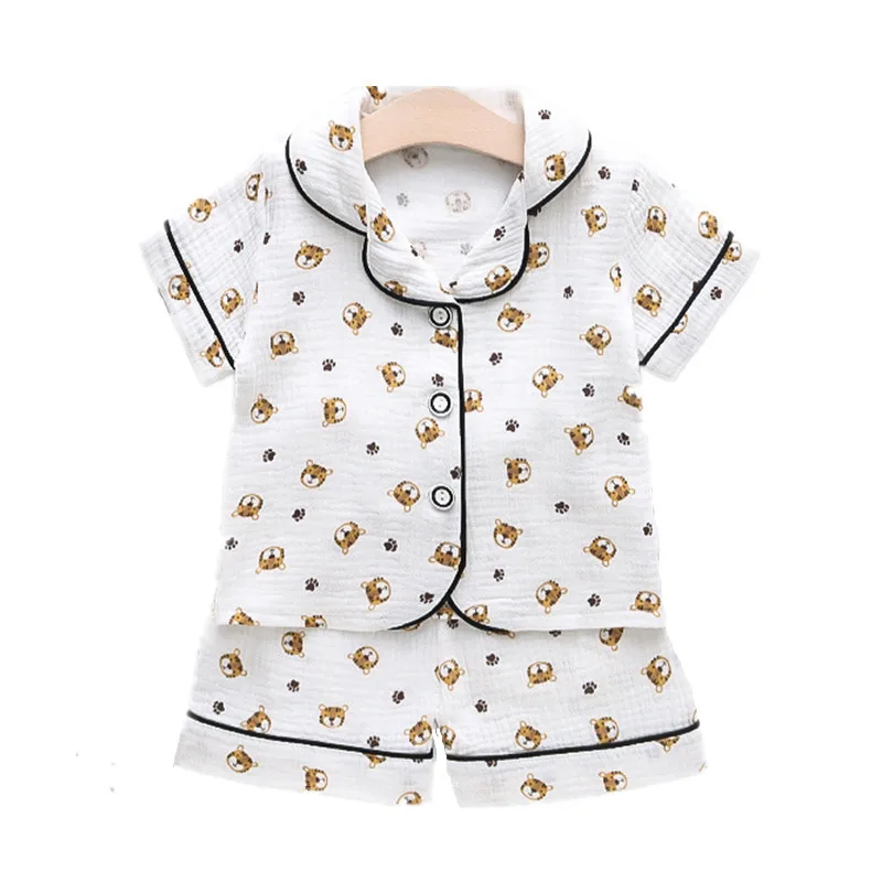 Boys Girls Homewear Sets Clothes Baby Short Sleeves Pajamas Muslin Cotton Outfit Kids Suit Shirt Tops+Pants 2PC 0-5 Years