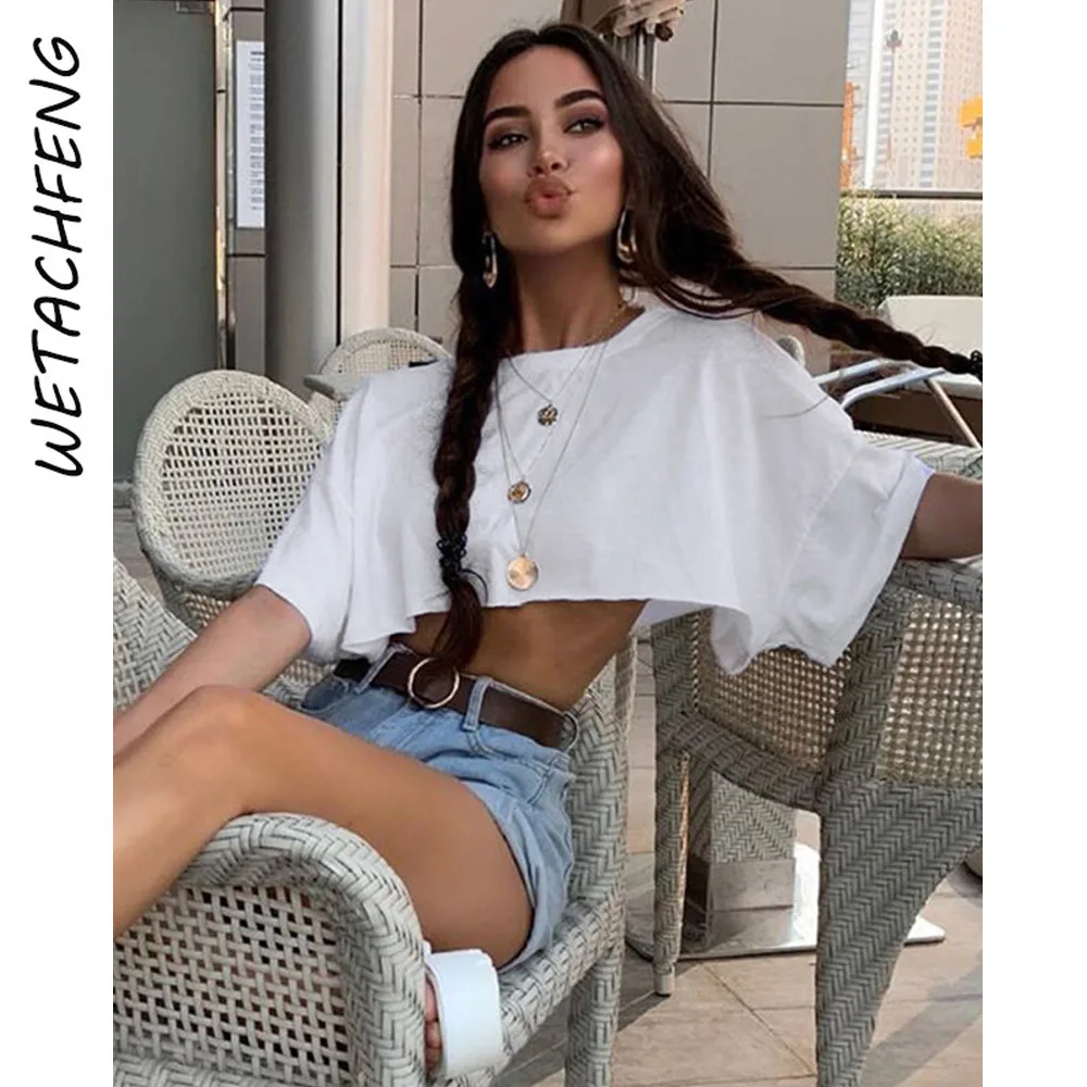 White Loose Sexy Crop Tops Women Fashion Streetwear Y2K Short Sleeve O Neck Summer T Shirts Tops 2024 Lady Tank Tops Clothing