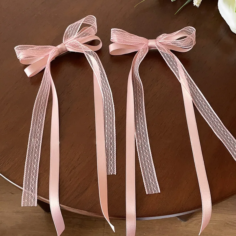 

2/4Pcs Sweet Lace Bow Hair Clip Edge Clips Women Girls Long Satin Ribbon Hairpins Barrettes Fashion Headwear Accessories