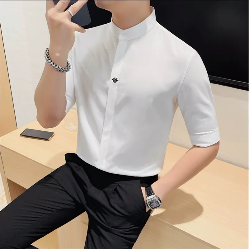 

Summer New Embroidered Half Sleeve Shirts Luxury Men's Hidden Button Slim Fit Casual Business Social Blouse Men Clothing 4XL-M