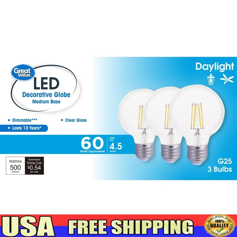 G25 LED 電球 3W 60W 相当 調光可能 昼光グローブ E26 ベース 500 ルーメン 省エネ 3 パック 防湿定格