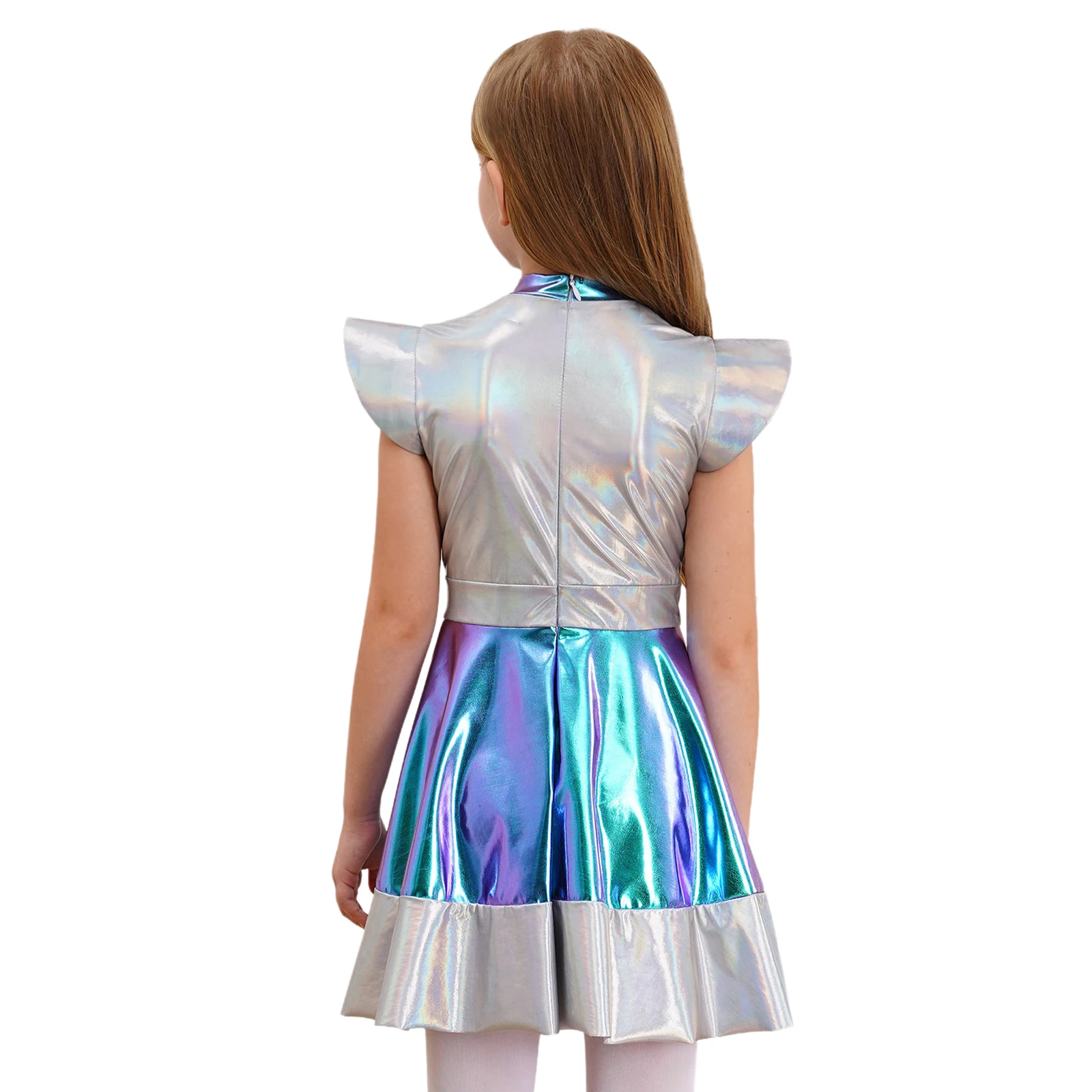 Kids Girls Halloween Alien Cosplay Costume Outer Space Cutie Cap Sleeve Glossy Metallic Dress for Carnival Roly Play Dress Up