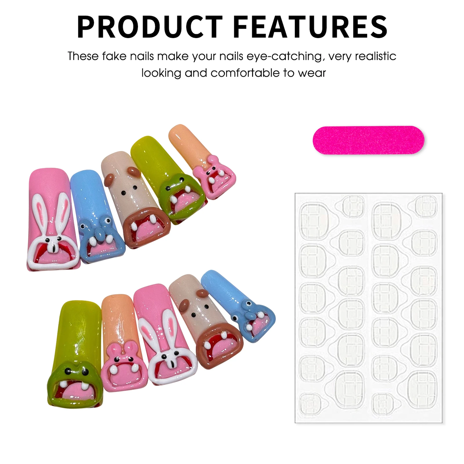 Faux ongles longs en forme de bec de canard, 10 pièces, avec décoration d'animal mignon 3D, à pression, Dopamine Y2k, faits à la main, français