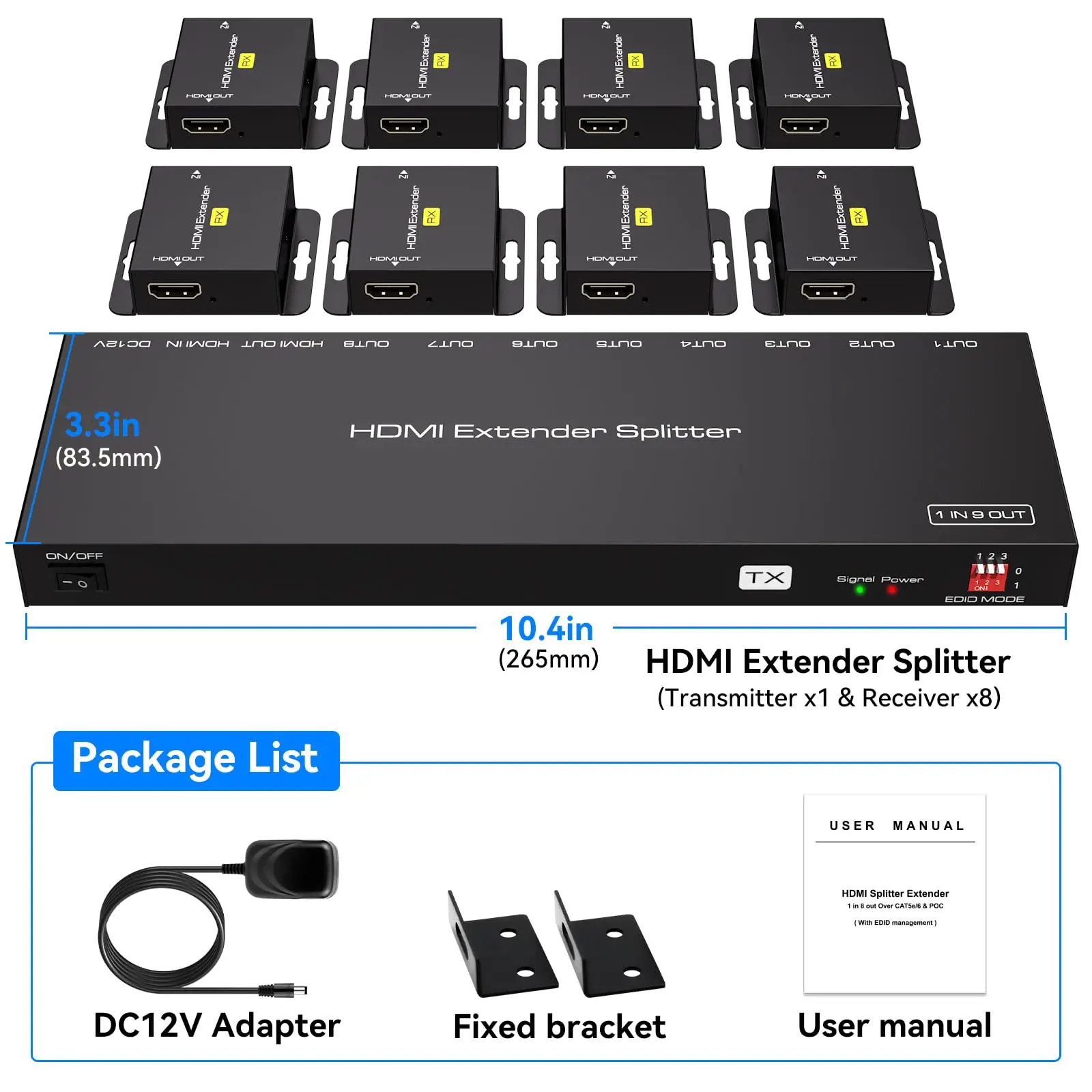 8 Port HDMI Extender Splitter 1 in 8 Out Over Cat6/7 Ethernet Up to 50 m / 165 ft with 1 HDMI Loop Out Support 1080P @ 60Hz EDID