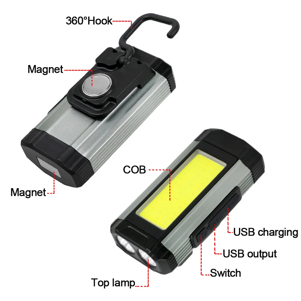 1/2/4PCS Magnetic COB Work Light USB Rechargeable LED Flashlight Portable Lantern Camping Light Type-C Power Bank Function Lamp