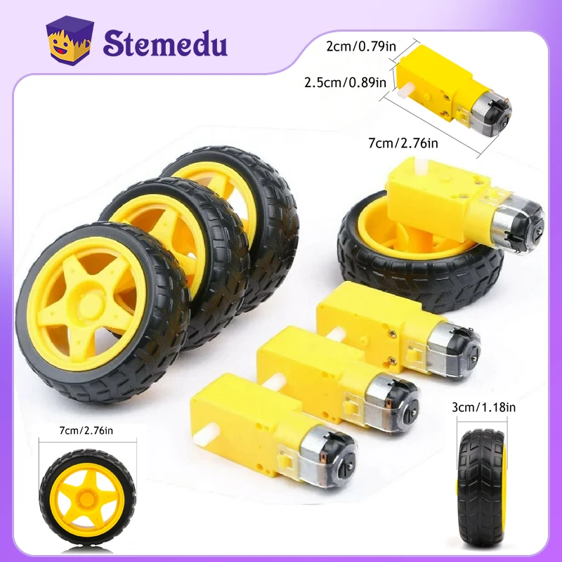 Nuevo DC3-6V 1:48 caja de cambios TT Motor doble eje 200RPM con Cable de conexión macho de soldadura AM + rueda de neumático para Arduino Smart Car Robot