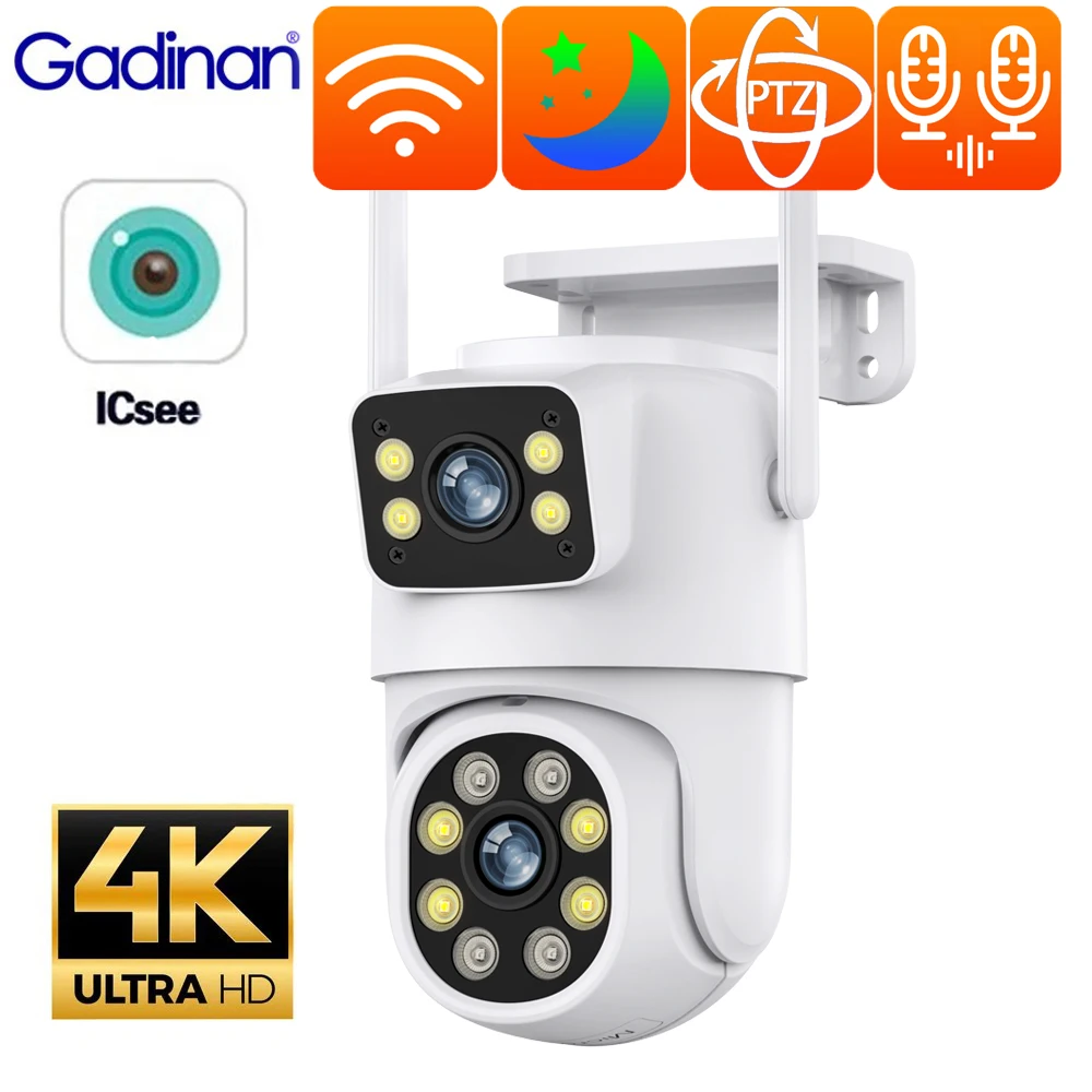 Gadinan PTZ Wifi Camera 8MP 4K Dual Screen AI Human Detection Outdoor Waterproof Night Vision Surveillance Camera SD Card ICSee