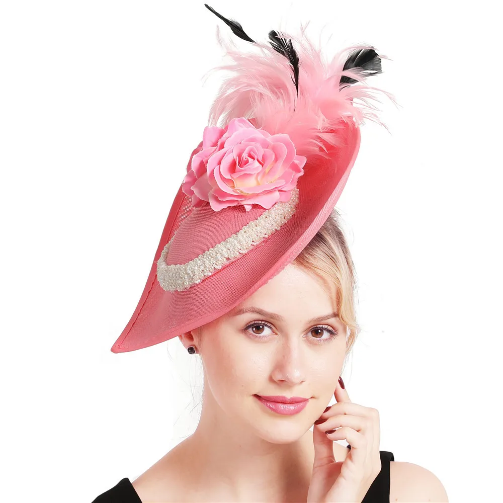 Sinamay sombrero fascinador de plumas para mujer, sombrero con perlas y flores, velo Derby de Kentucky, tocado nupcial Para Boda y fiesta de té