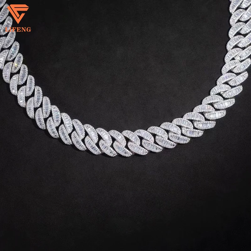 New Arrival Fashion Jewelry White Gold Plated S925 Iced Out 20mm VVS Moissanite Baguette Diamonds Hip Hop Cuban Chain Necklace