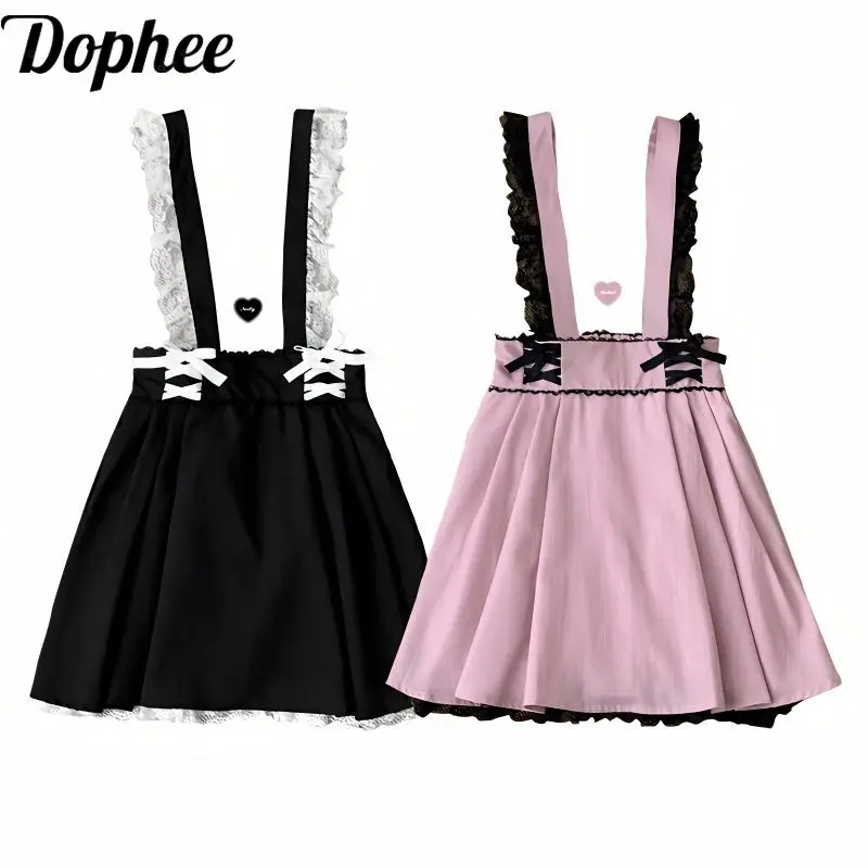 

Dophee Japanese Style Gothic Lolita Cute Lace Bandage Bow Suspenders Skirt High Waist Sweet Women Short A-line Mini Skirt Girls