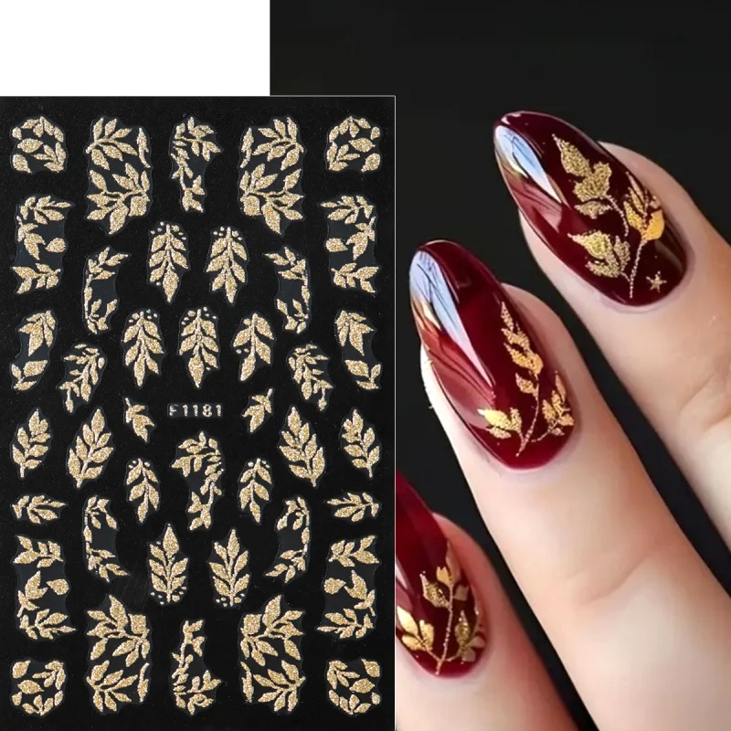 Autocollants pour ongles en forme de feuille de paillettes dorées brillantes, feuilles d'automne scintillantes, fleur d'hibiscus, modèles français, breloques pour ongles, décalcomanies de décoration