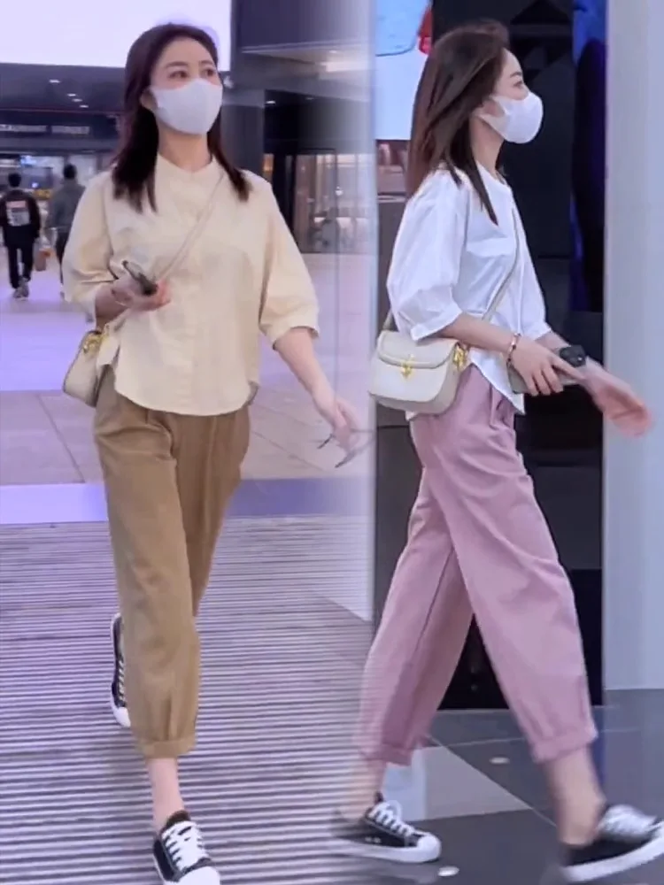 Summer Thin High Waist Wide Leg Casual Pants Women's Nine Points Loose Fit Workwear Style Harem Carrot Pants Harajuku Style