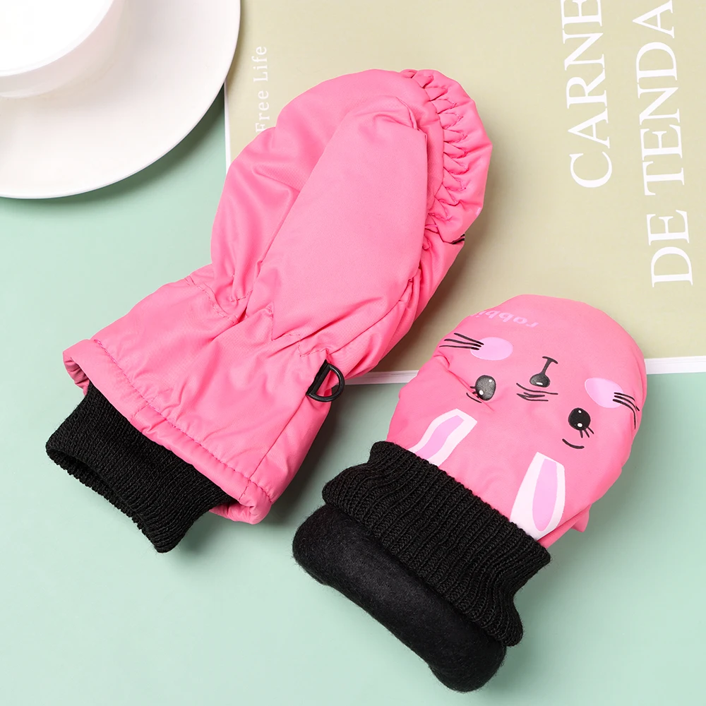 Guantes de esquí de invierno para niños y niñas, manoplas deportivas de conejo de dibujos animados, resistentes al viento, impermeables, gruesos y cálidos