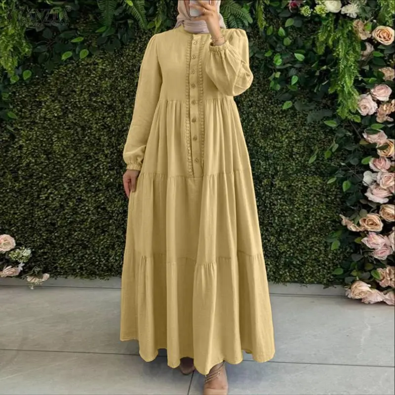 

ZANZEA модный мусульманский халат Абая Femme элегантный плиссированный сарафан с длинными рукавами женское длинное платье макси 2023 осень свободные платья