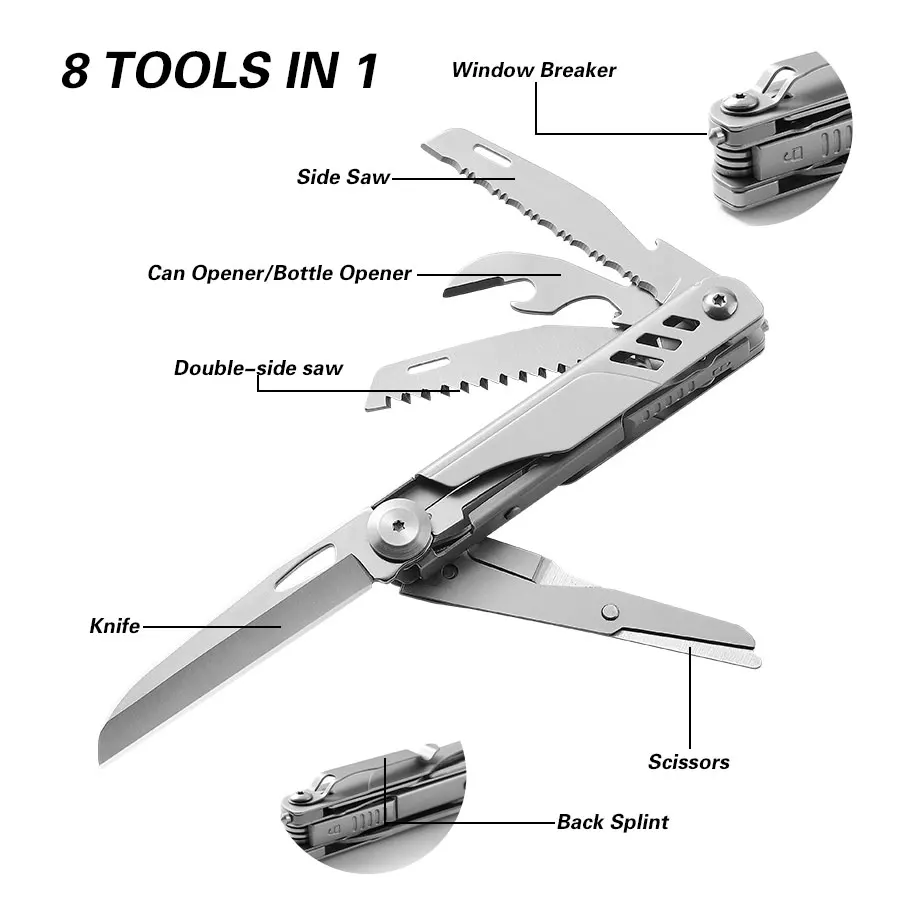 Cuchillo de bolsillo multiherramienta 8 en 1, kit de supervivencia para acampar/enderismo con sierra de acero inoxidable, tijeras, abridor de botellas, pelacables, vidrio