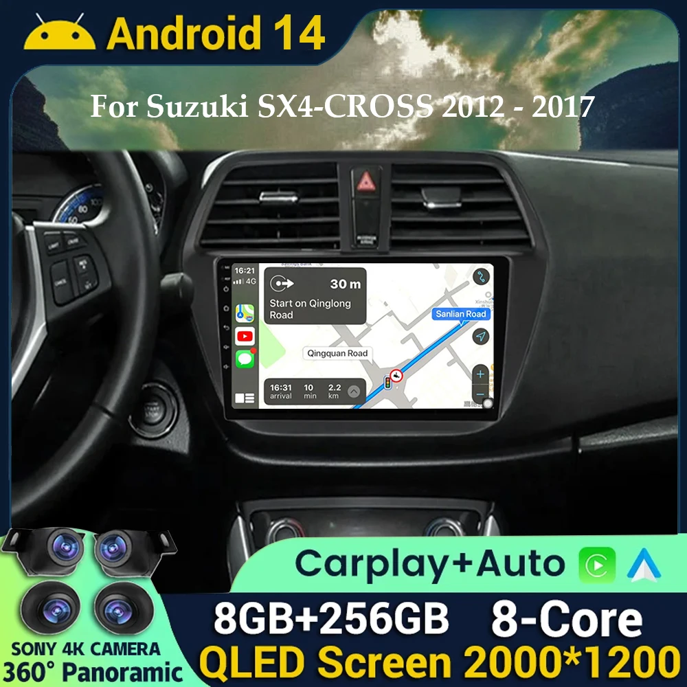 Android 14 Carplay+Auto Audio Car Radio for SUZUKI SX4 S-CROSS 2012 - 2017 Autoradio Multimedia Video Player Screen Car GPS