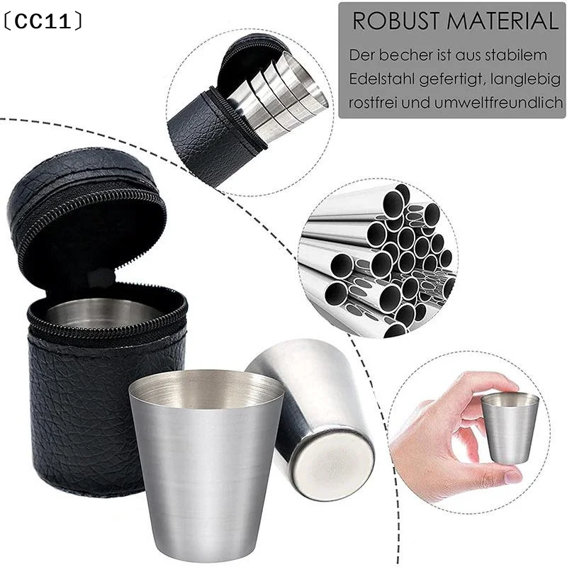 4pcs/set 30ML Stainless Steel Cups Set Outdoor Portable Glass Set With Leather Case Mini Glasses〔CC11〕