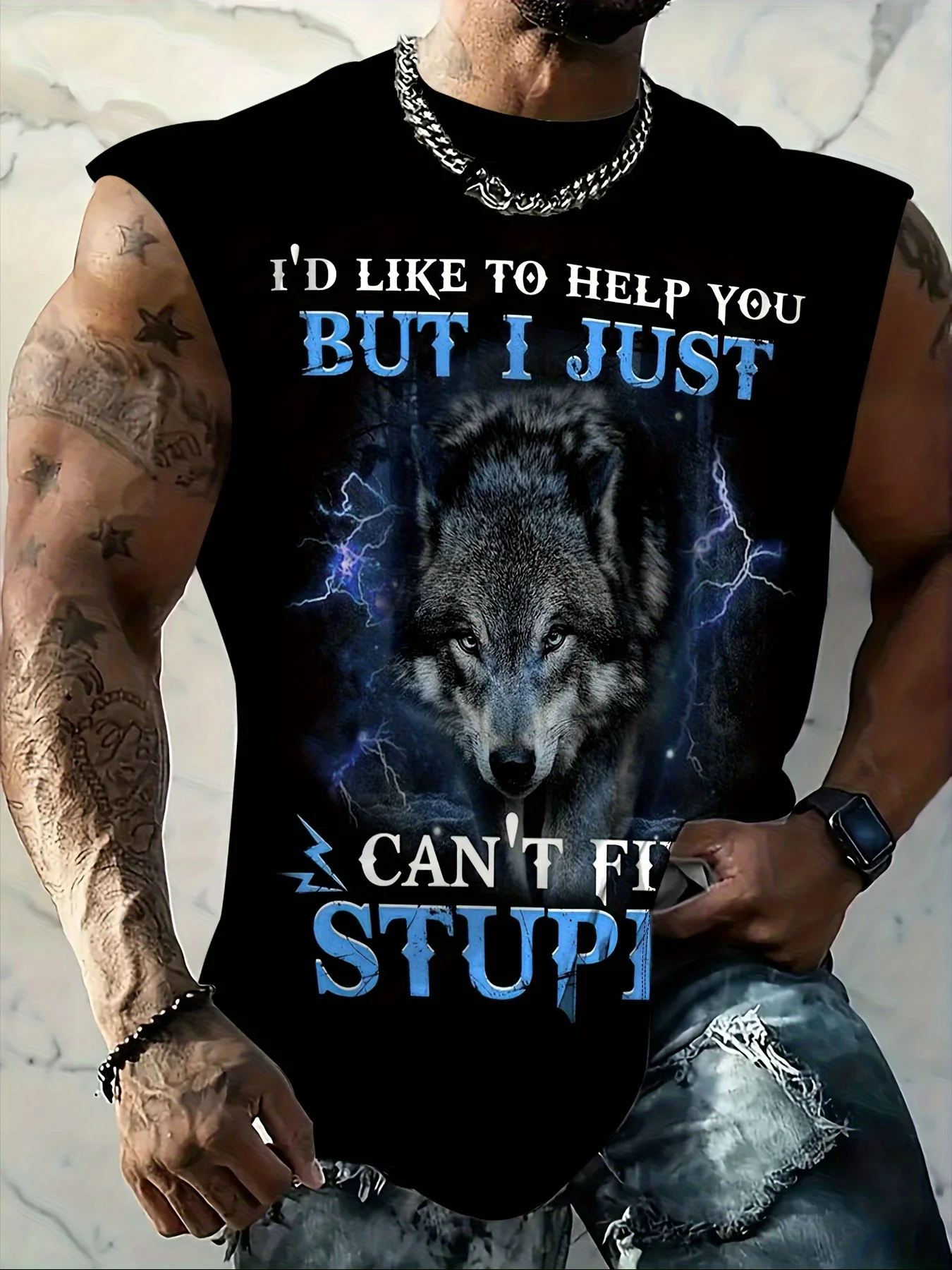 

Men's large size, letter wolf pattern printed comfortable and breathable vest, men's casual sleeveless shirt