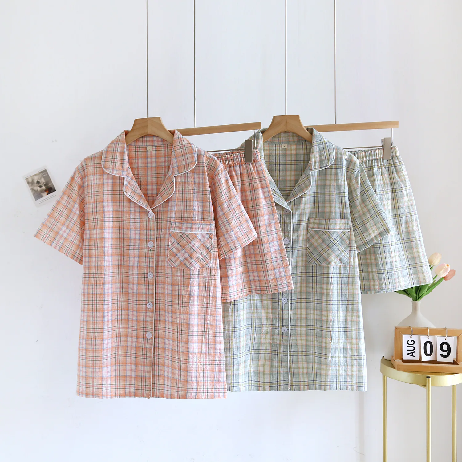 

Wholesale & Retail Cotton Washed Spring Summer Day Pajamas Ladies Plaid Short Sleeve Shorts Large Size Wear Loungewear Thin Set