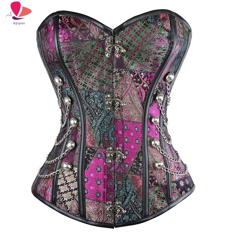 Purple Steampunk Spiral Steel Boned Steampunk Gothic Bustier Corset with Burlesque Costumes Overbust Corset with G-string