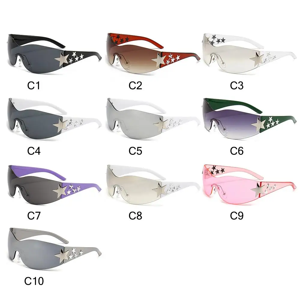 ผู้หญิงและผู้ชายแฟชั่น Shades UV400 ป้องกันแว่นตากันแดดสีดํา Rimless Y2K แว่นตากันแดดพันรอบดาวตกแต่งดวงอาทิตย์แว่นตา