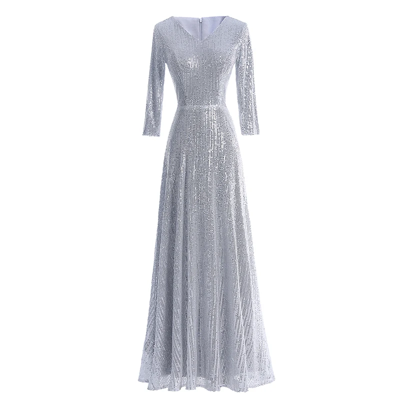 Silver Sequin Evening Dresses Long Elegant V-Neck Floor-Legnth A-Line Women Formal Gowns With 3/4 Sleeves