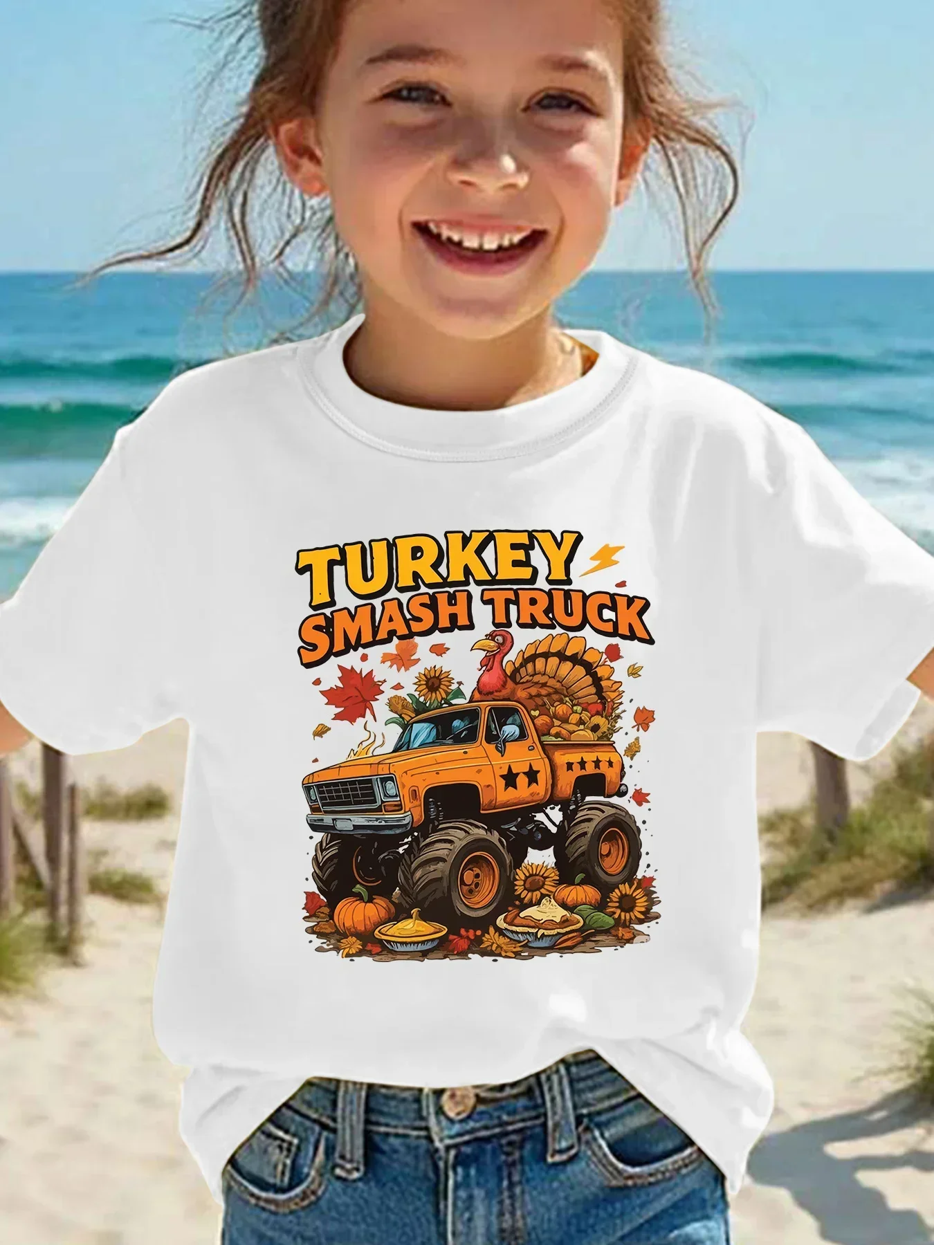 Kids Thanksgiving Short Sleeve T Shirt Turkey Smash Truck Graphic Crew Neck Loose Casual Summer Top for Boy Girls Holiday Outfit