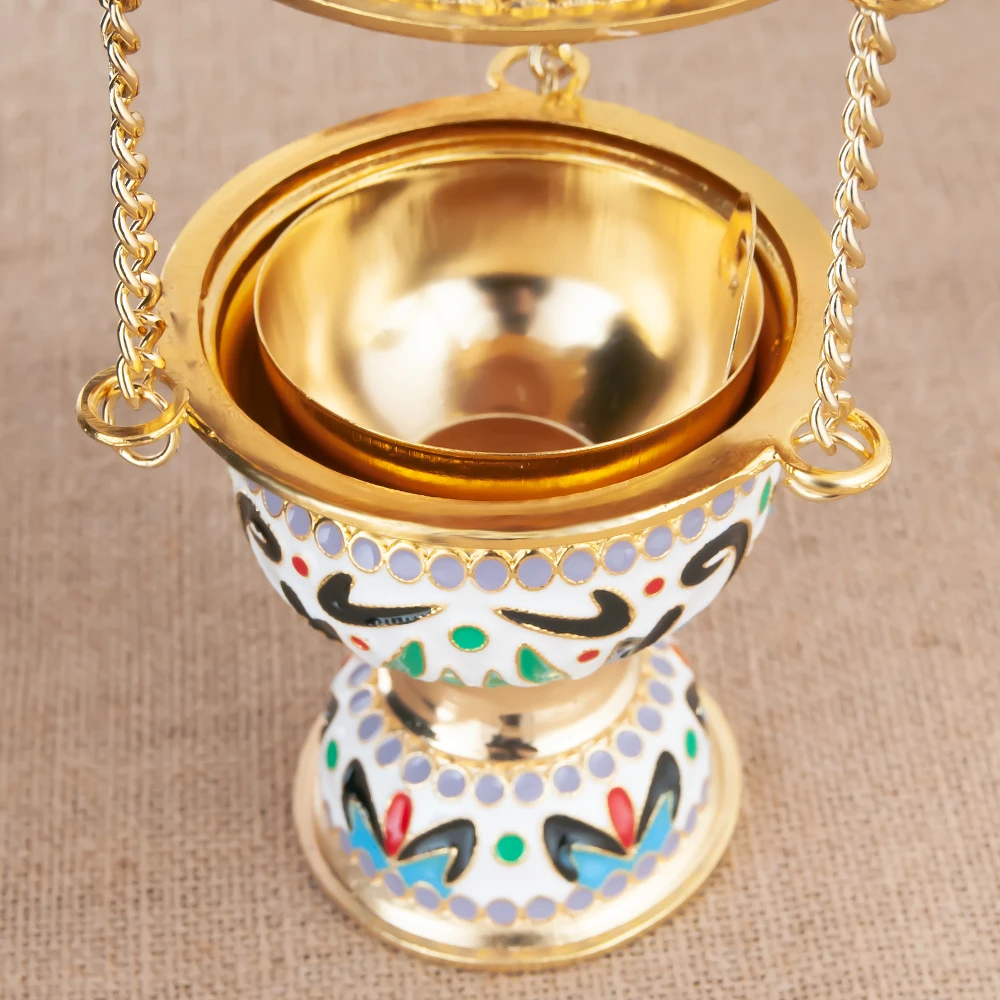 Popular Exquisite Multicolor Enamel Floral Orthodox Hanging Censer Golden Bell Chain Separate Incense Bowl Included Liturgical