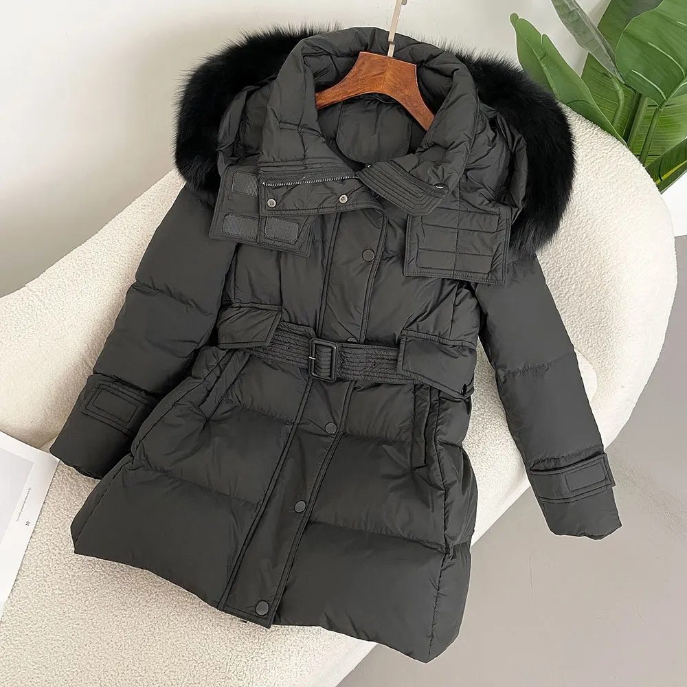 2025 جديد الشتاء الأبيض بطة أسفل سترة ريال فوكس/الراكون معطف الفرو مقنعين حزام دافئ سميكة الفراء الحقيقي أسفل سترة منتفخة سيدة نساء