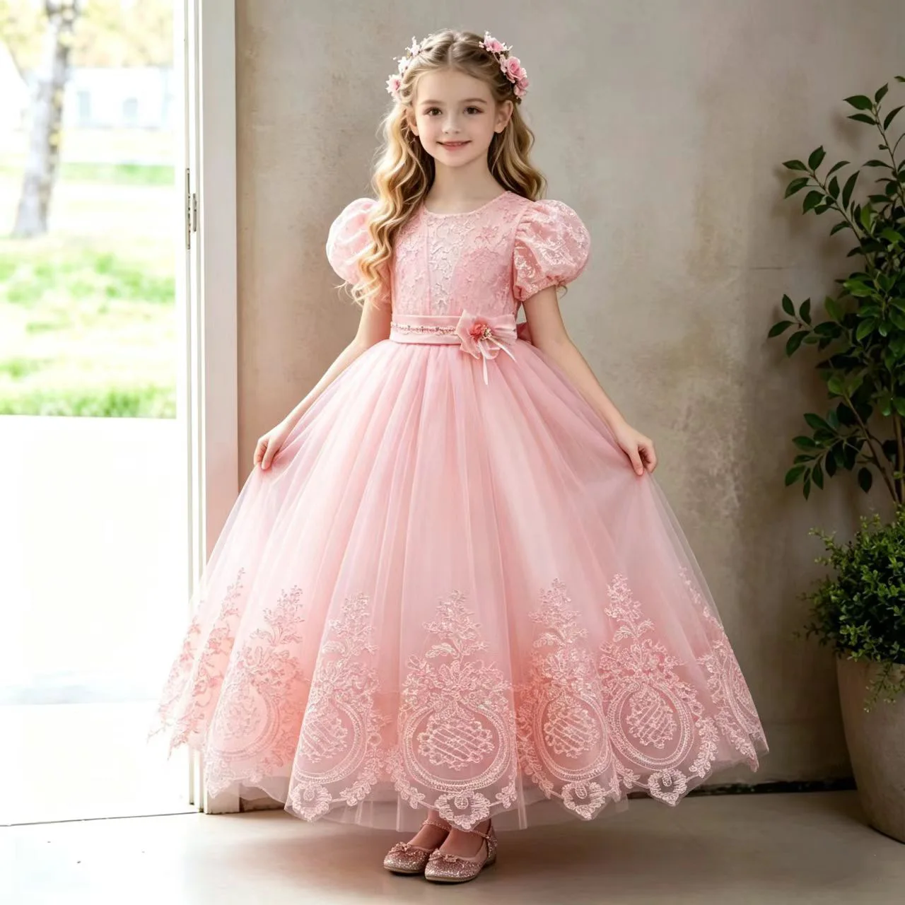 HETISO Girls Elegant Princess Dress Lace Beading Flower Children's Formal Ball Gown For Birthday Wedding Performance