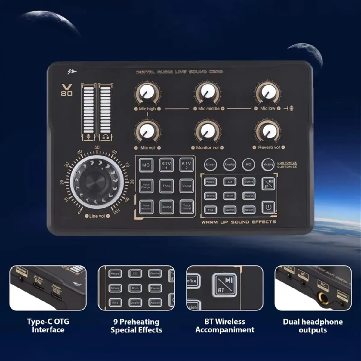 ABGN V80 Live Streaming Sound Card Audio Recording Professional Sound Card Mixer with DJ Mixer Voice Changer Audio Effects