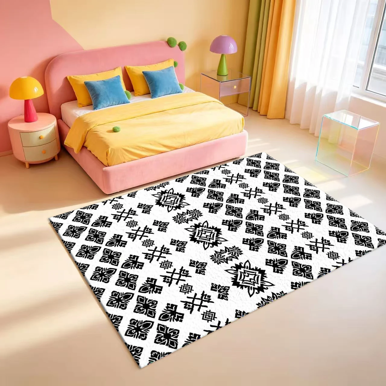 Black and White Ethnic Geometric Pattern Seamless Carpet Retro Tribal Style Home Decor Floor Rug
