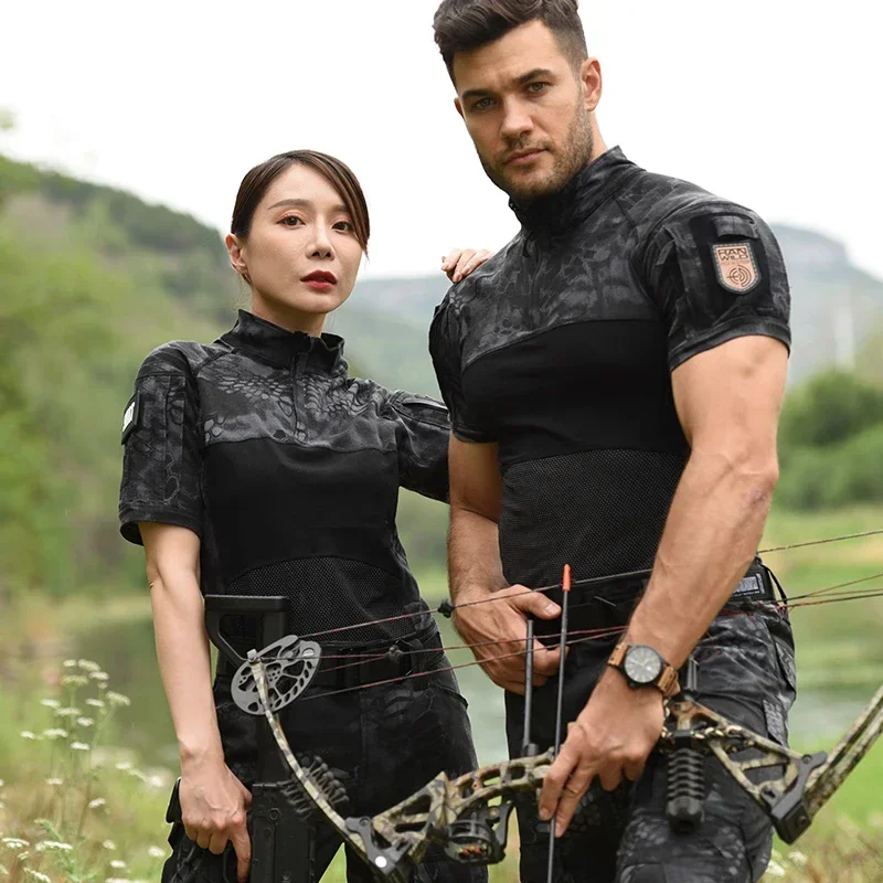 Outdoor Men T-Shirts Tactical Shirt 1/4 Zipper Short Camo TrainingTee Combat Shirts Paintball Hunting Clothing Wear-resistant