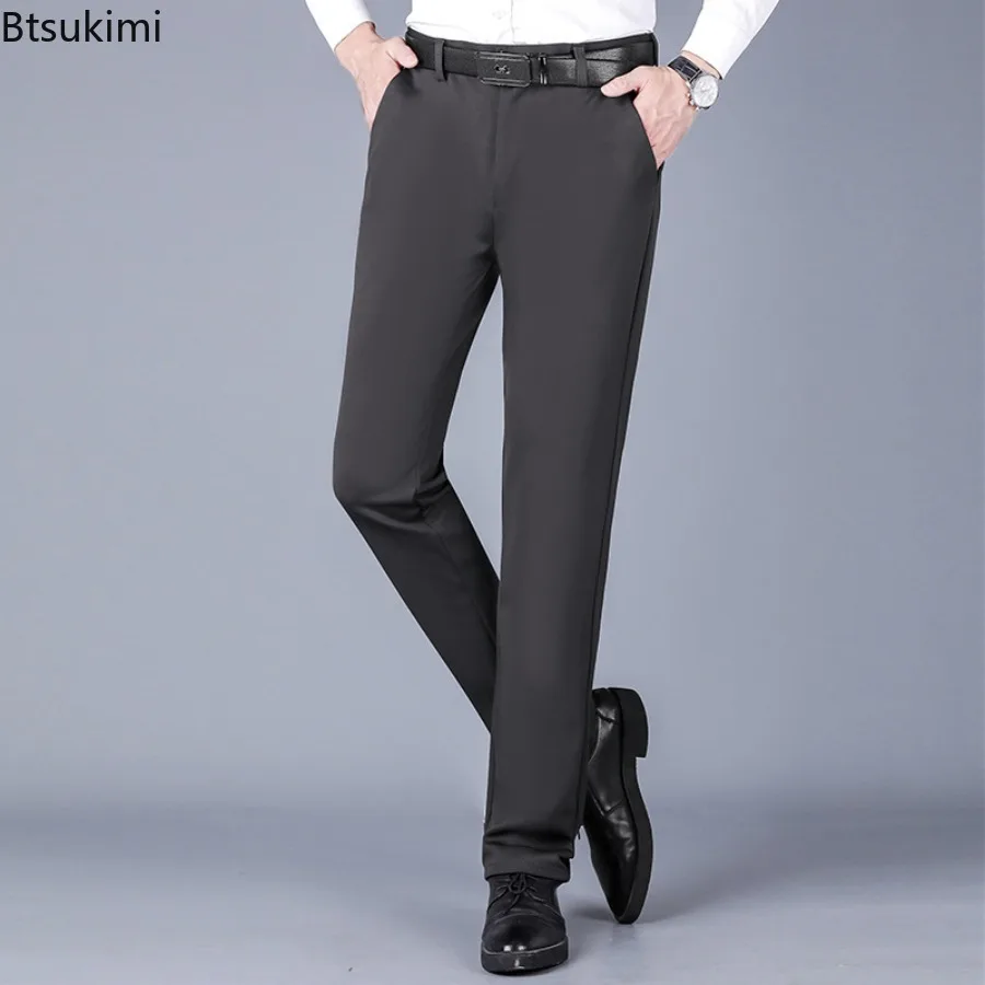 New Men's Summer Ice Silk Casual Business Suit Pants Trendy Solid Slim Dress Pants Elastic Straight Formal Pants Oversized 29-52