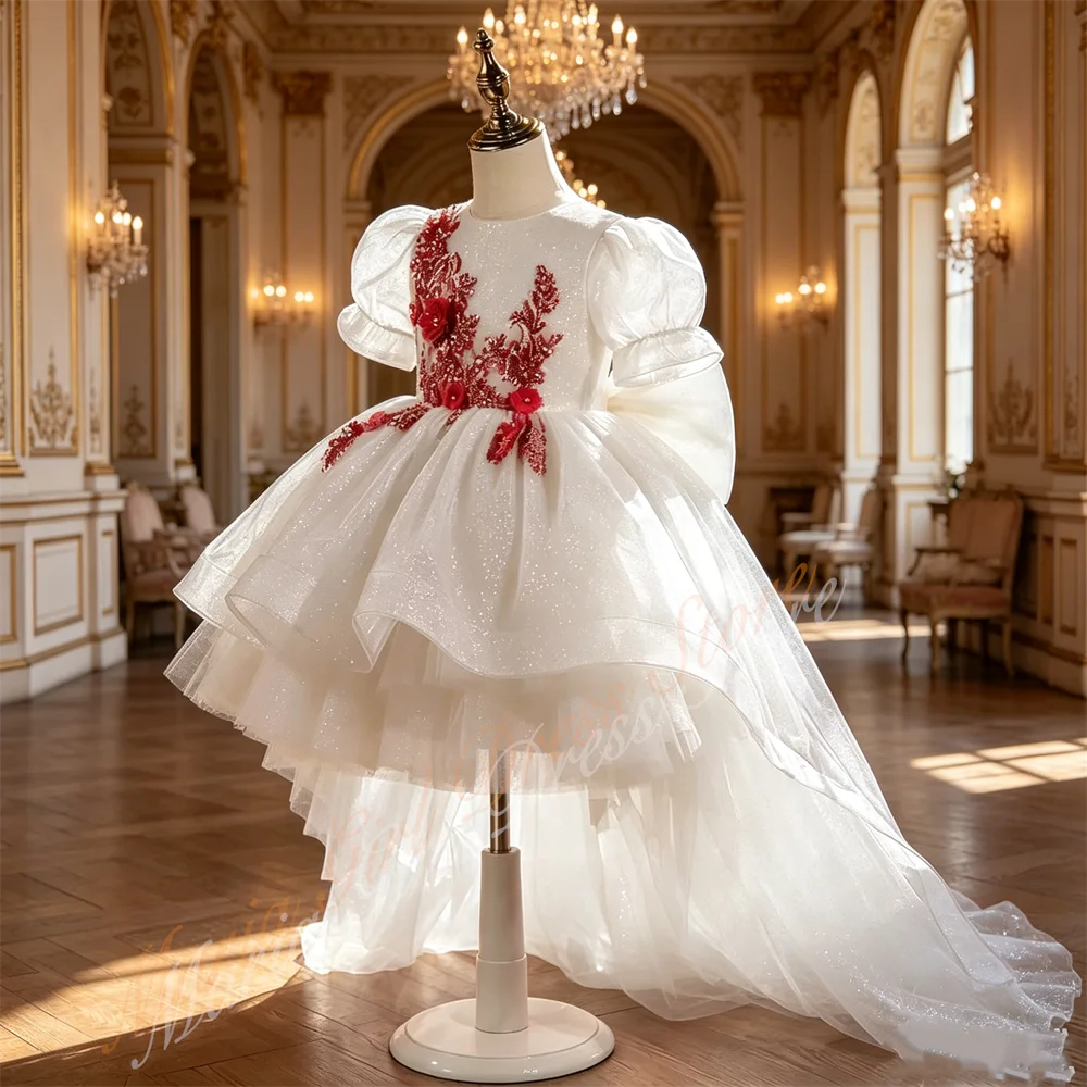 High Low Puff Sleeve 3D Floral Tulle Princess Gown Kids Wedding Back Butterfly Knot with A Trailing Tail Dress