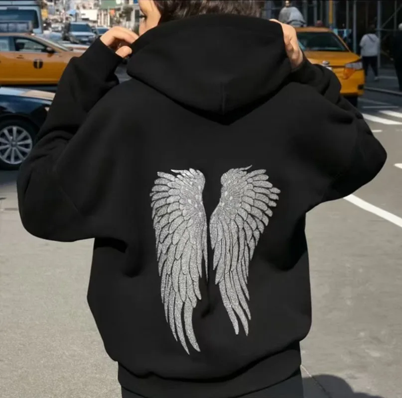 Glitter Angel Wings Printed Hoodies Women Streetwear Loose Long Sleeve White Pullover Fashion Y2k Harajuku Casual Sweatshirts