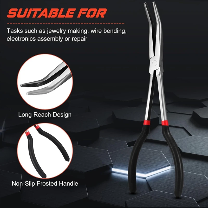 WFF 3Pcs 11 Inch Needle Nose Pliers Set 25° Bent Nose Pliers 45° Bent Nose Pliers 90° Bent Nose Pliers For Hardware Bending