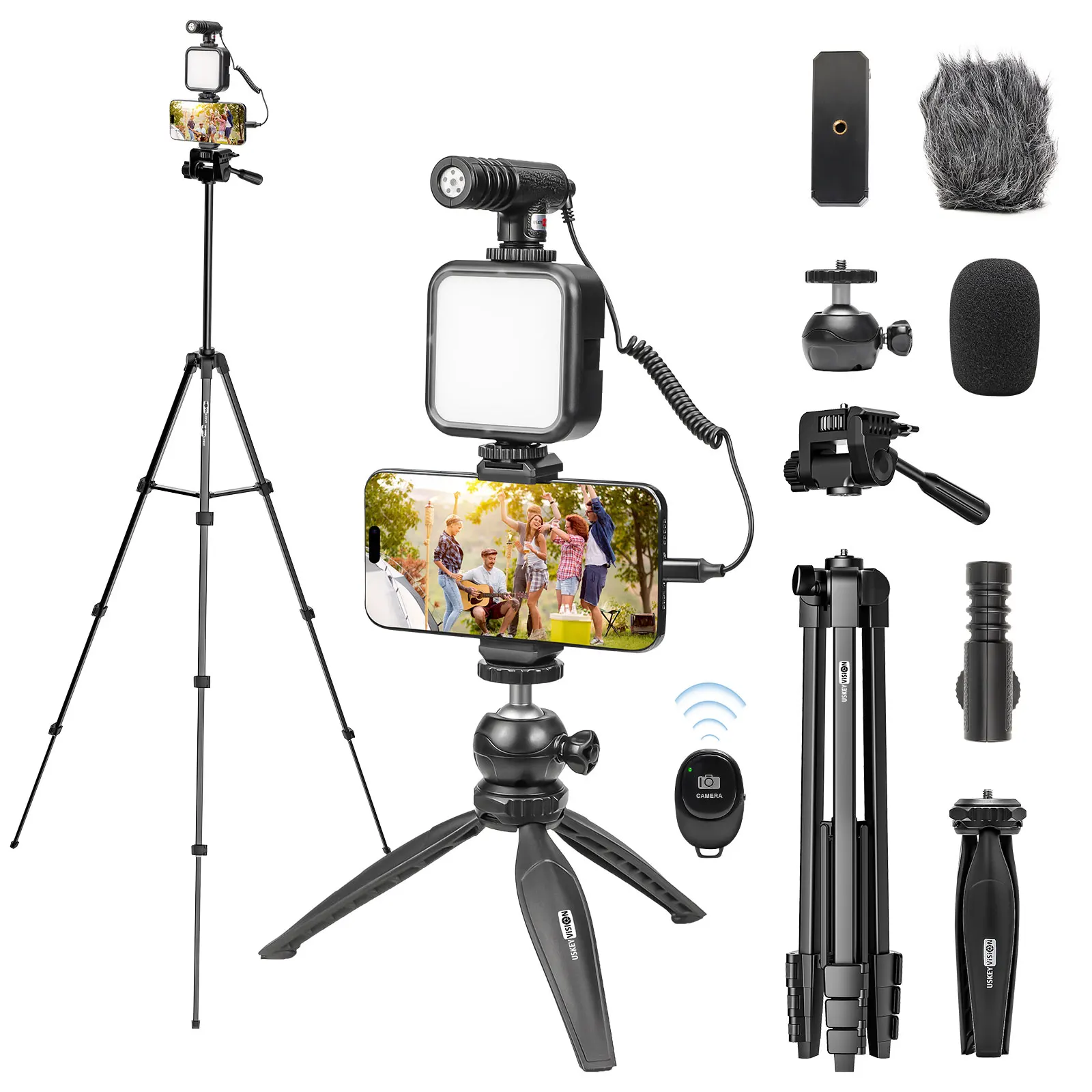 

Vlogging kit for smartphones with 59-inch expandable full-size tripod tri-color LED light microphone for iphone 13/14/15 (VlogK4