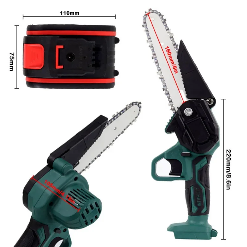 Motosierra eléctrica de 21V, minisierra de cadena de poda portátil de 4/6 pulgadas, batería 1/2, herramienta eléctrica de una mano para carpintería