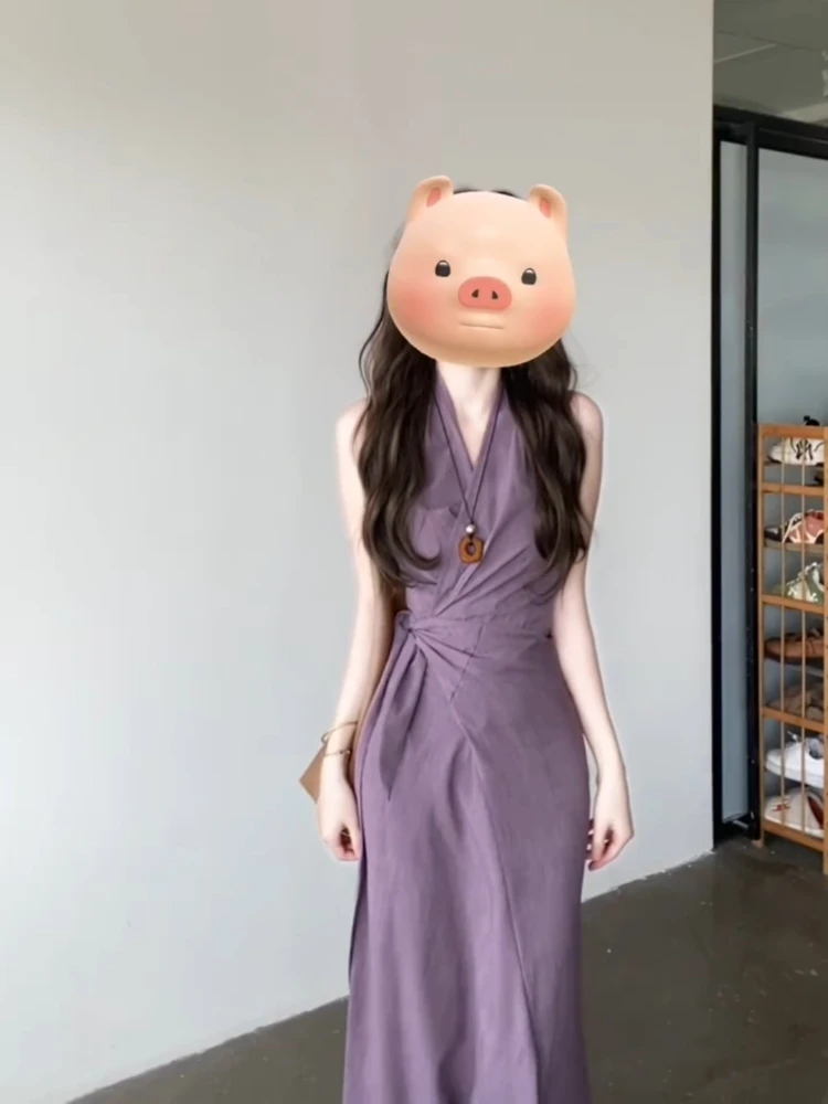 

XZY Elegant plus Size Purple V-Neck Hanging Neck Dress Women's Summer High Waist Belted Long Dress Commute Style A-Line Skirt